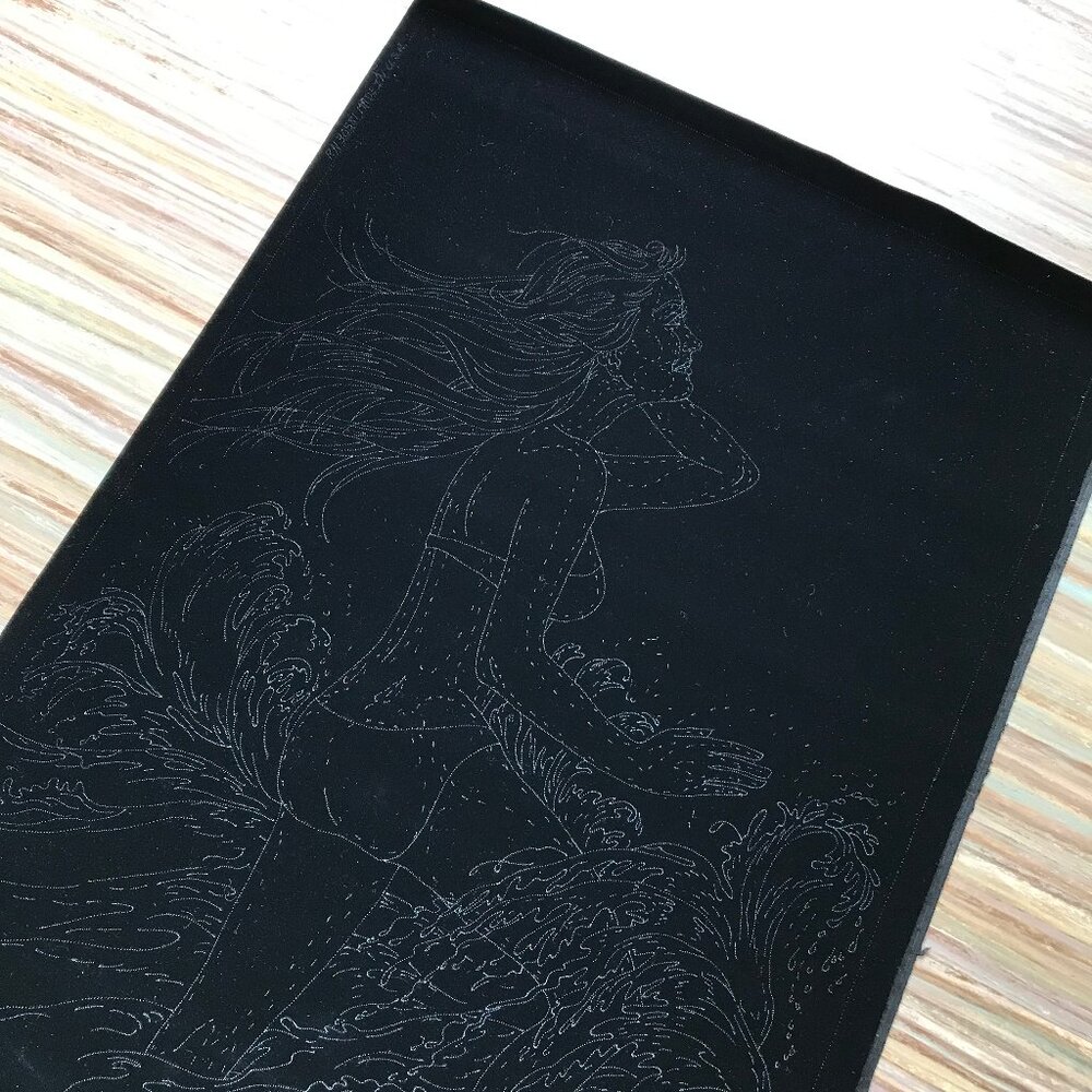 Woman in Beach Waves Pre-Printed Artex Tri-Chem Liquid Embroidery Black Velvet